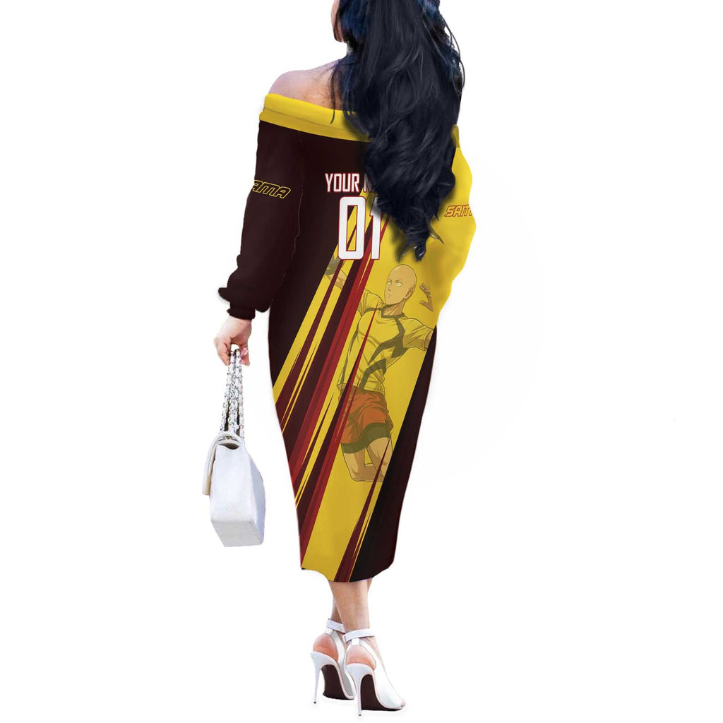 Personalized Saitama Volleyball Design Off The Shoulder Long Sleeve Dress with Yellow and Red Athletic Theme and Powerful Spike Pose