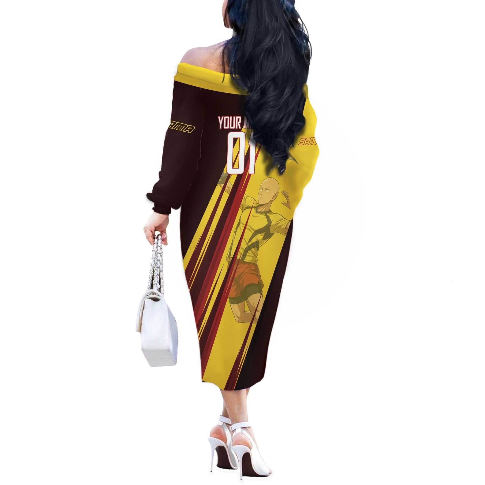 Personalized Saitama Volleyball Design Off The Shoulder Long Sleeve Dress with Yellow and Red Athletic Theme and Powerful Spike Pose