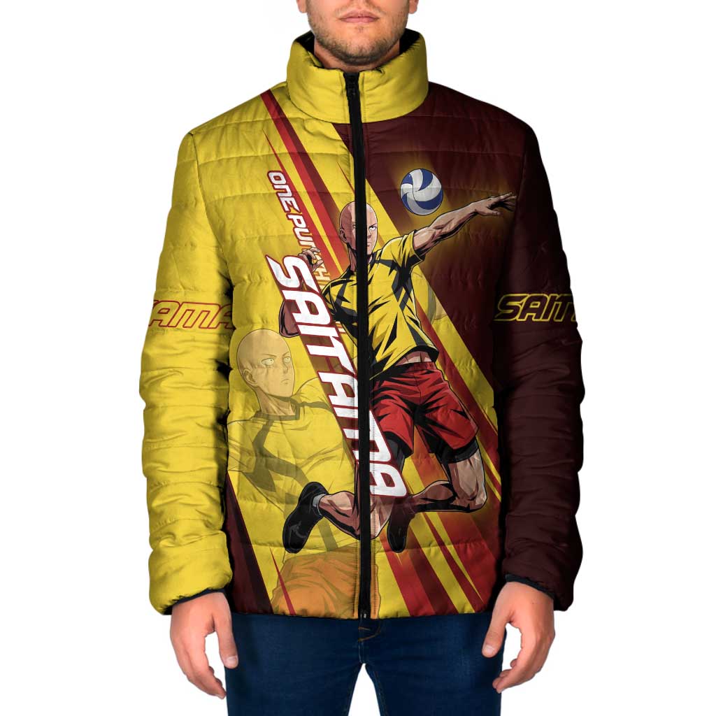Personalized Saitama Volleyball Design Padded Jacket with Yellow and Red Athletic Theme and Powerful Spike Pose