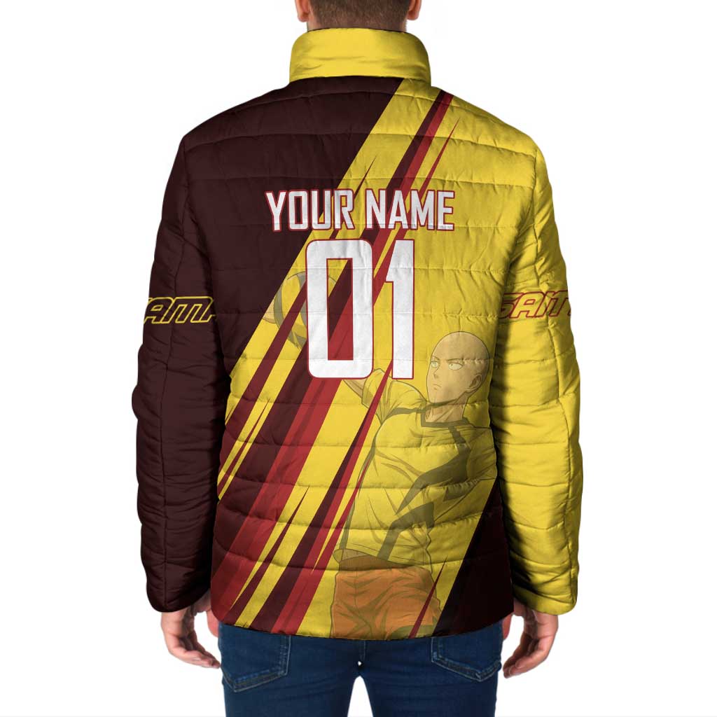 Personalized Saitama Volleyball Design Padded Jacket with Yellow and Red Athletic Theme and Powerful Spike Pose