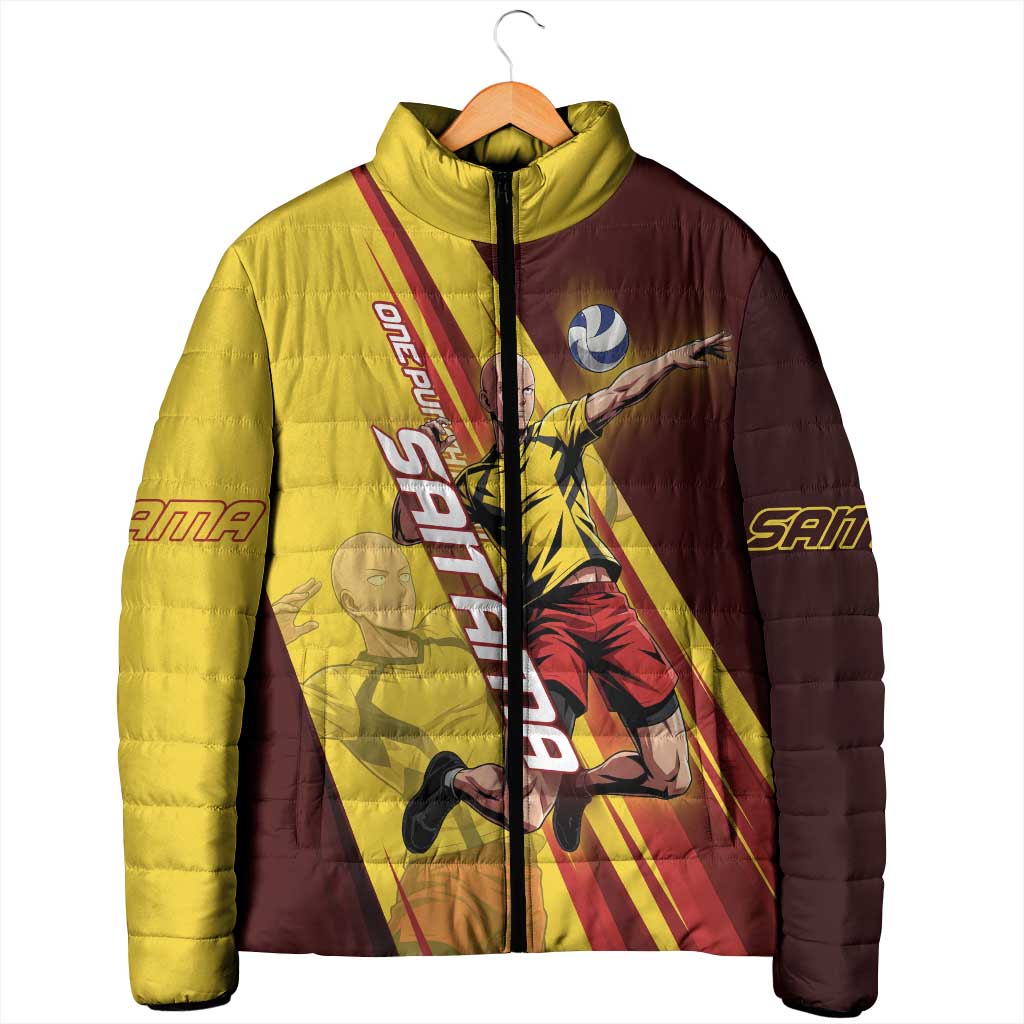 Personalized Saitama Volleyball Design Padded Jacket with Yellow and Red Athletic Theme and Powerful Spike Pose