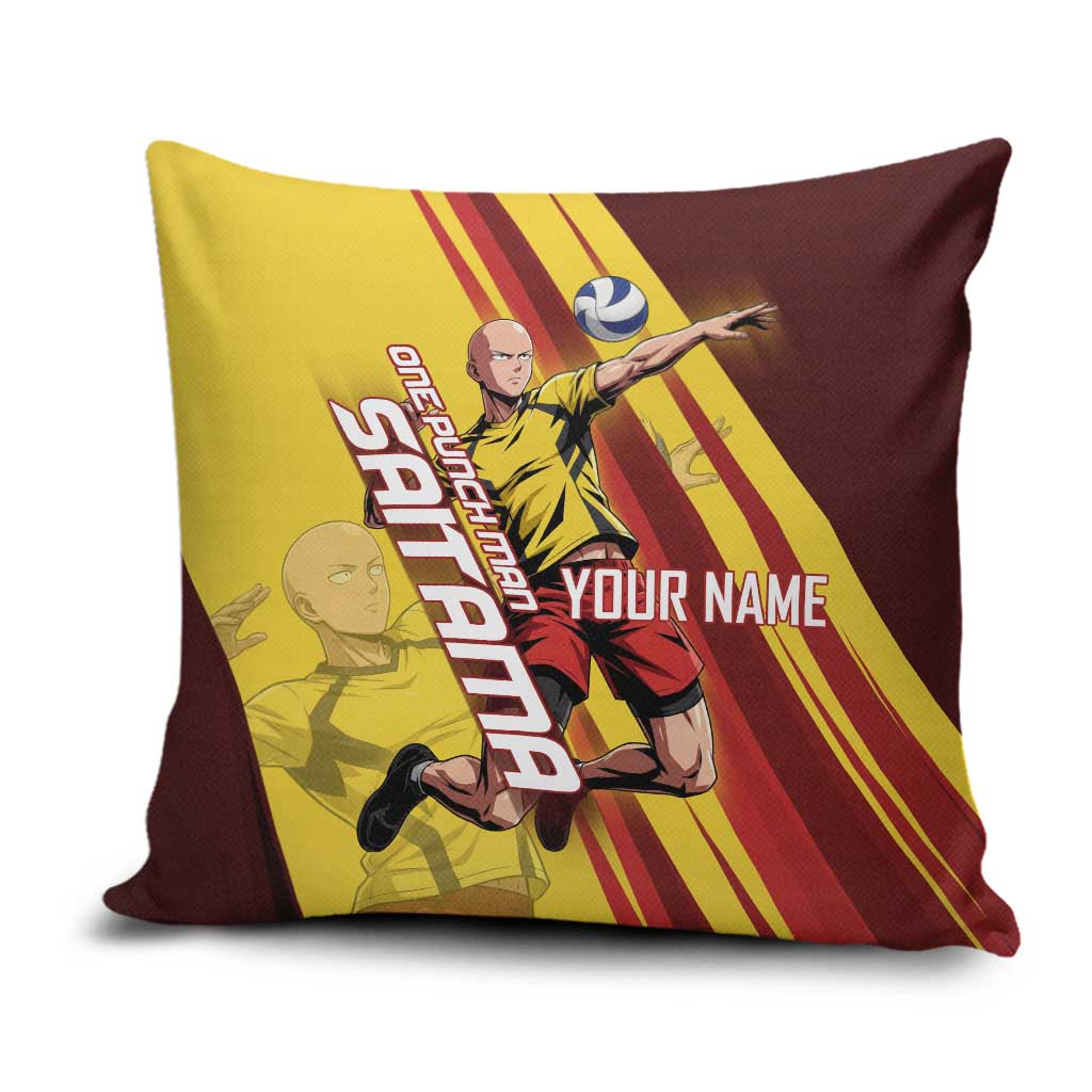 Personalized Saitama Volleyball Design Pillow Cover with Yellow and Red Athletic Theme and Powerful Spike Pose