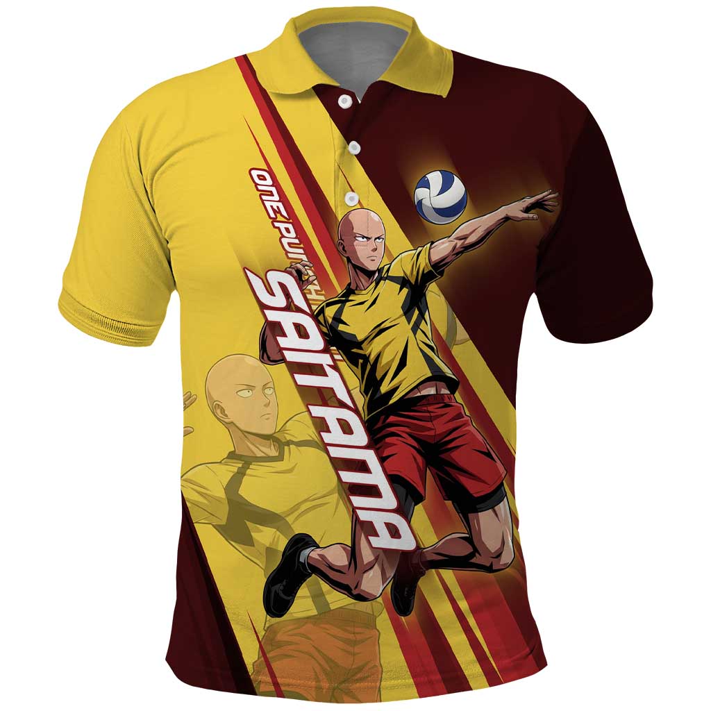 Personalized Saitama Volleyball Design Polo Shirt with Yellow and Red Athletic Theme and Powerful Spike Pose
