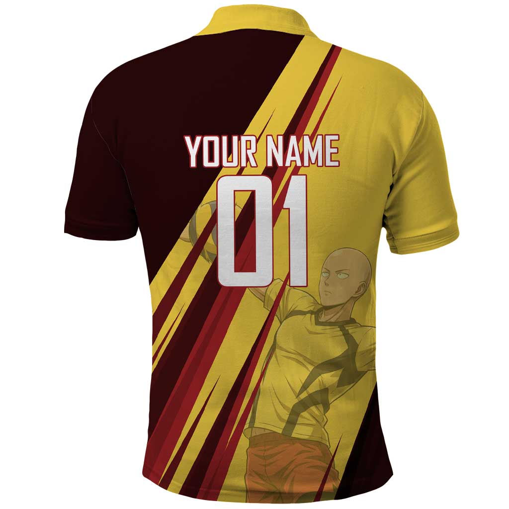 Personalized Saitama Volleyball Design Polo Shirt with Yellow and Red Athletic Theme and Powerful Spike Pose