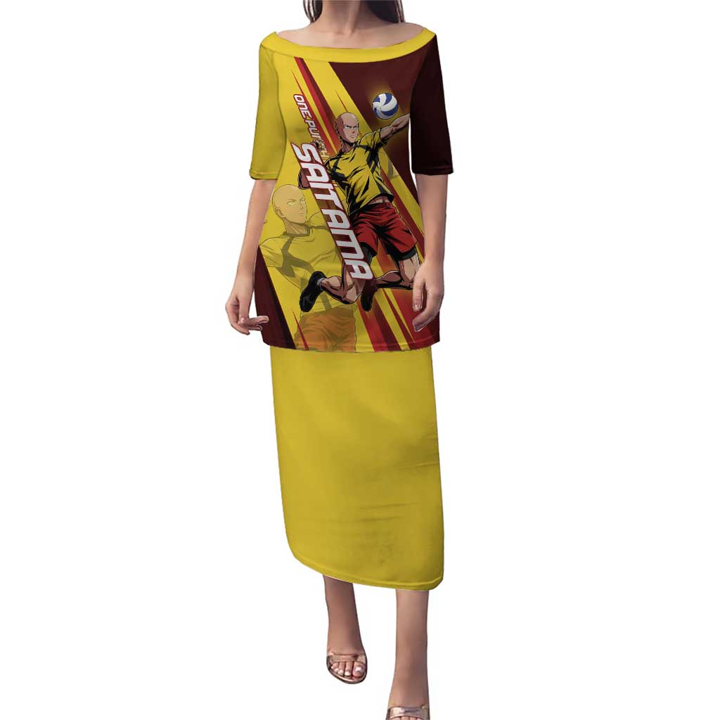 Personalized Saitama Volleyball Design Puletasi with Yellow and Red Athletic Theme and Powerful Spike Pose