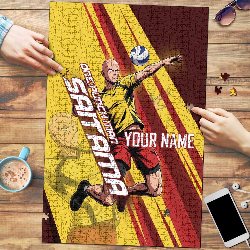 Personalized Saitama Volleyball Design Puzzle with Yellow and Red Athletic Theme and Powerful Spike Pose