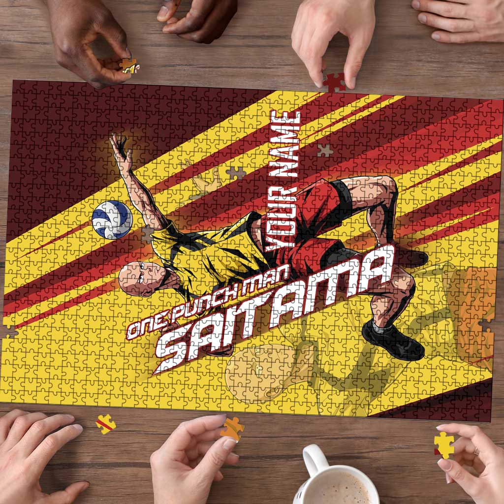 Personalized Saitama Volleyball Design Puzzle with Yellow and Red Athletic Theme and Powerful Spike Pose