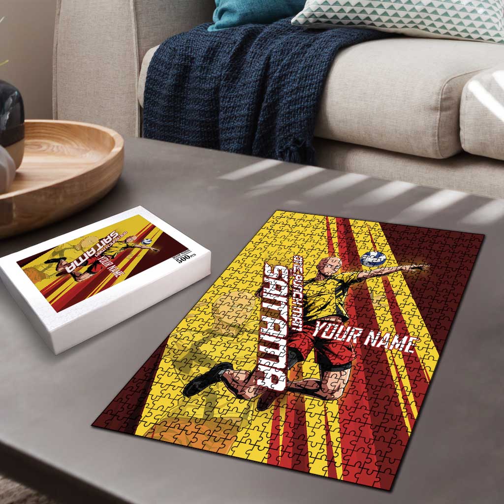 Personalized Saitama Volleyball Design Puzzle with Yellow and Red Athletic Theme and Powerful Spike Pose