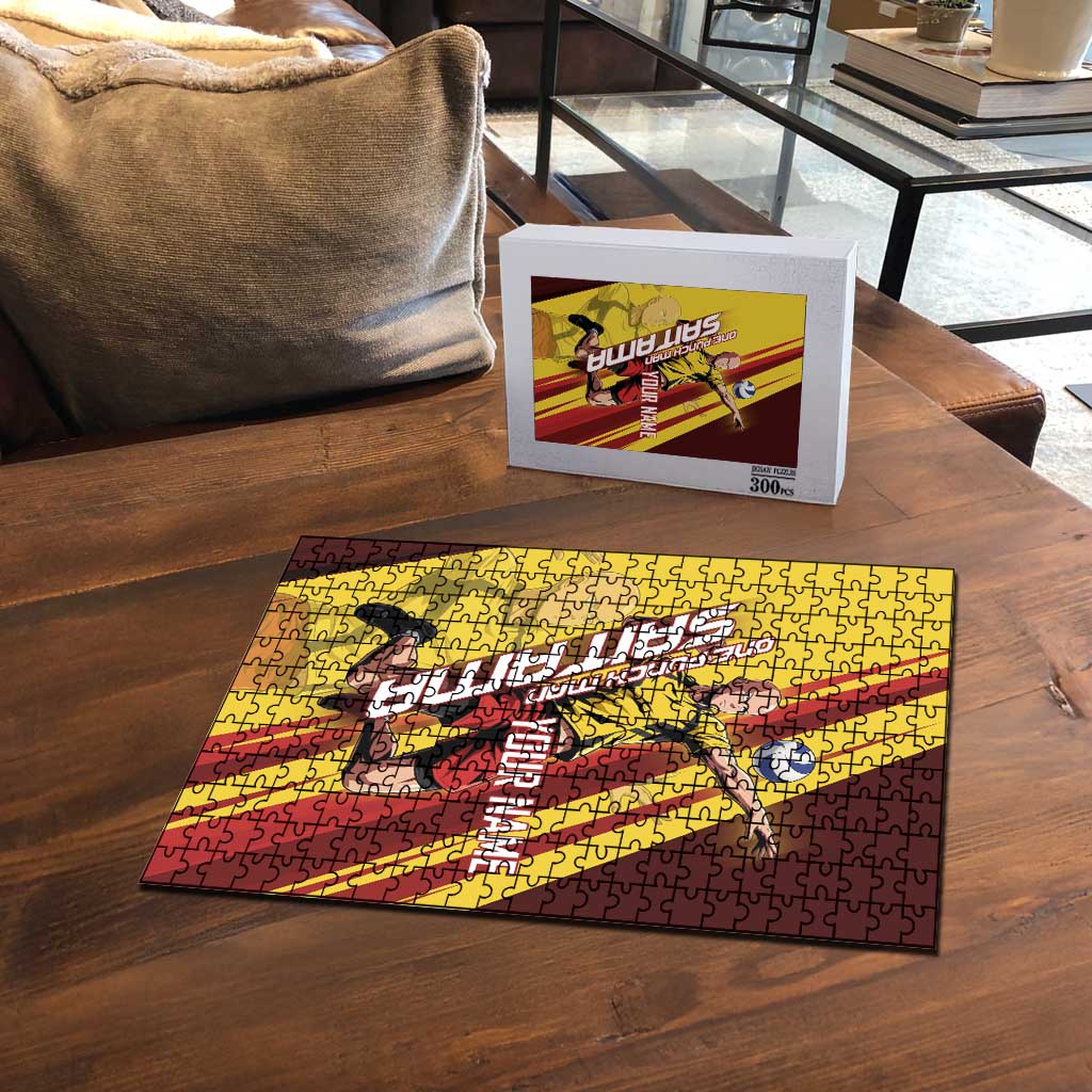 Personalized Saitama Volleyball Design Puzzle with Yellow and Red Athletic Theme and Powerful Spike Pose