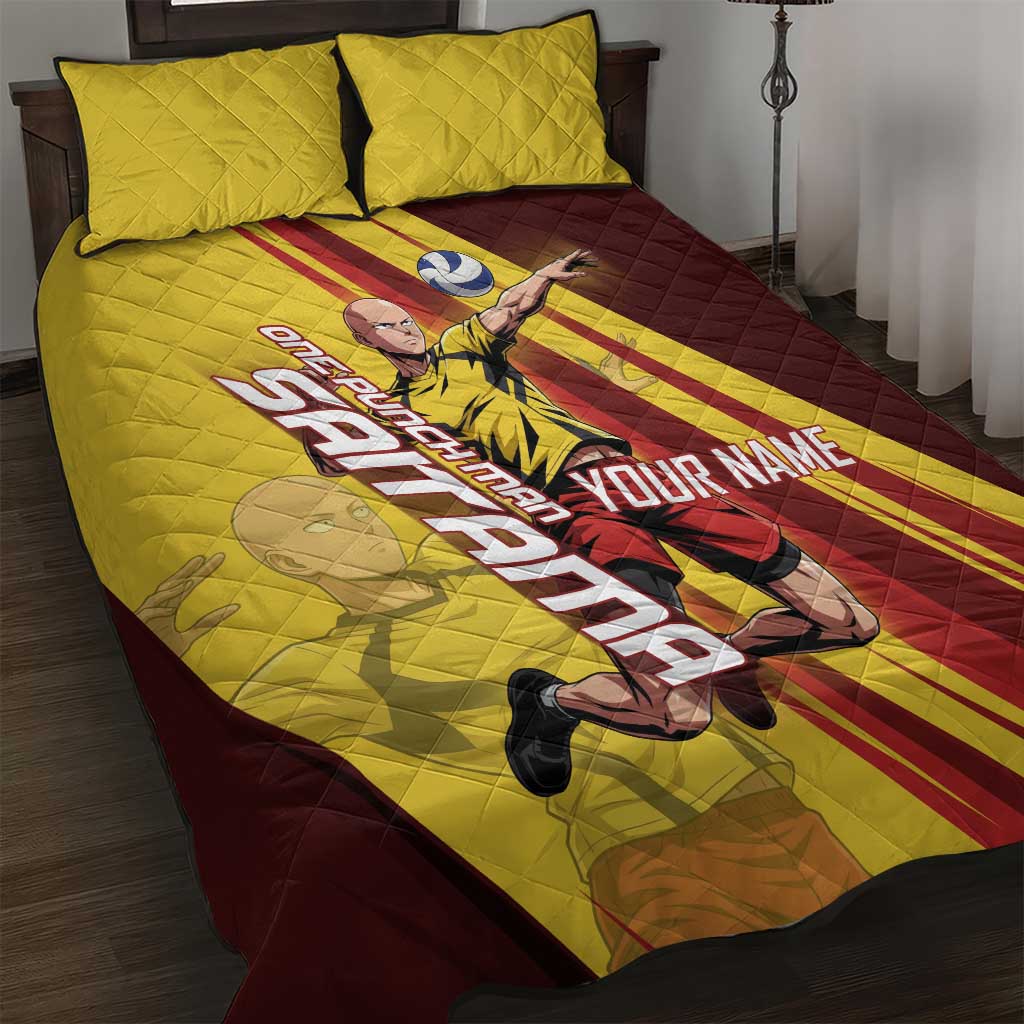 Personalized Saitama Volleyball Design Quilt Bed Set with Yellow and Red Athletic Theme and Powerful Spike Pose