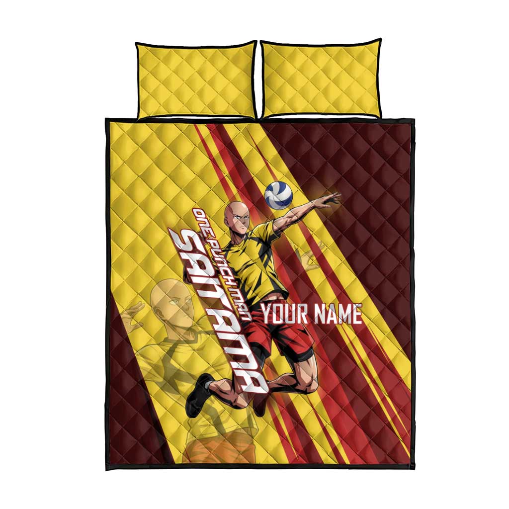Personalized Saitama Volleyball Design Quilt Bed Set with Yellow and Red Athletic Theme and Powerful Spike Pose