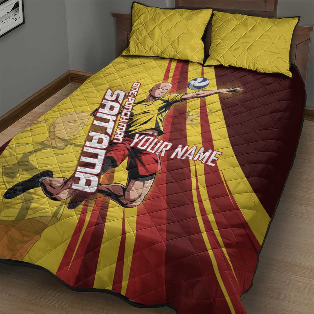 Personalized Saitama Volleyball Design Quilt Bed Set with Yellow and Red Athletic Theme and Powerful Spike Pose