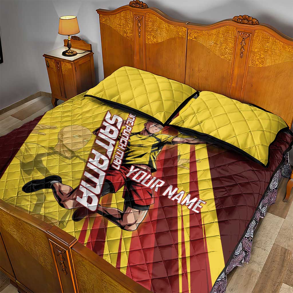 Personalized Saitama Volleyball Design Quilt Bed Set with Yellow and Red Athletic Theme and Powerful Spike Pose