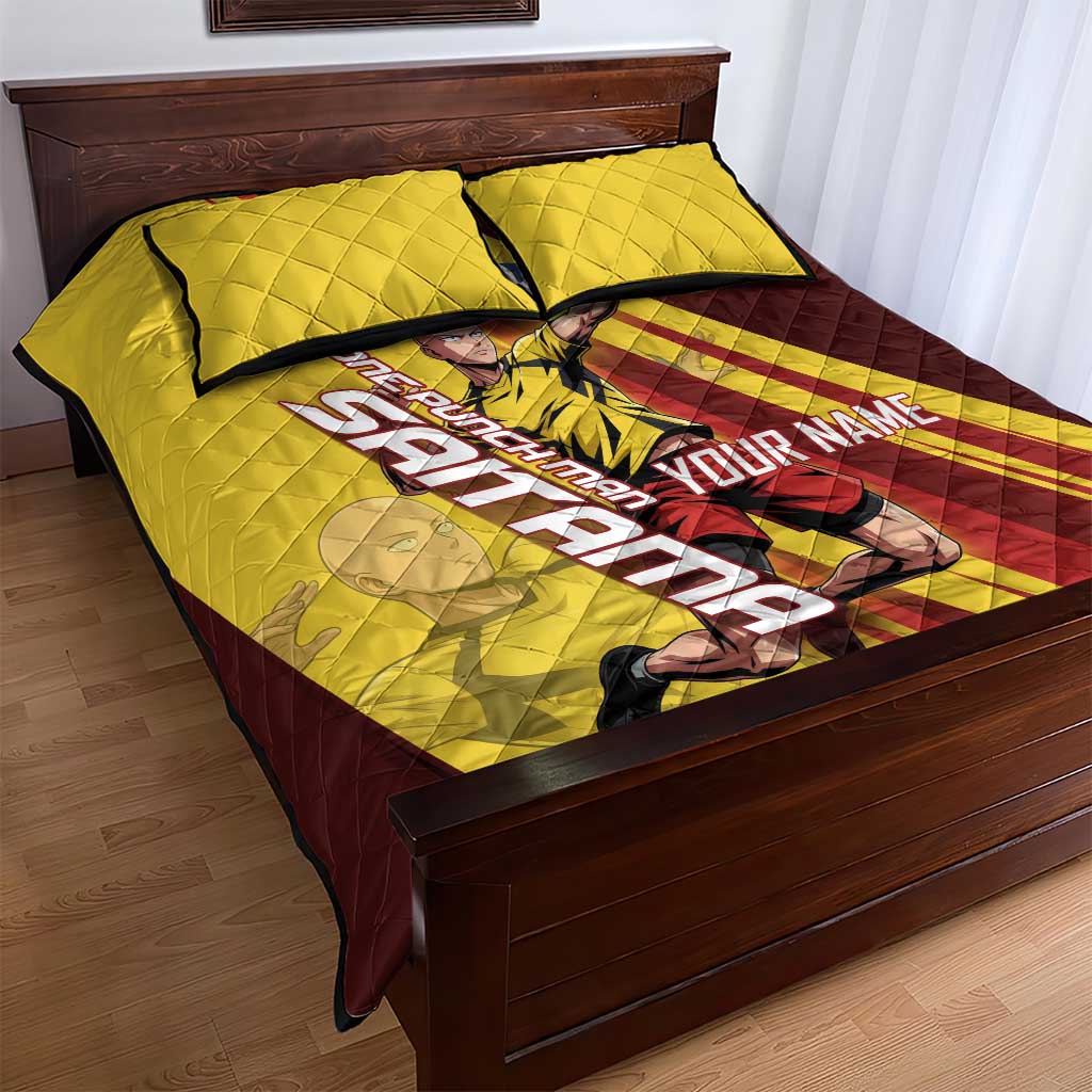 Personalized Saitama Volleyball Design Quilt Bed Set with Yellow and Red Athletic Theme and Powerful Spike Pose