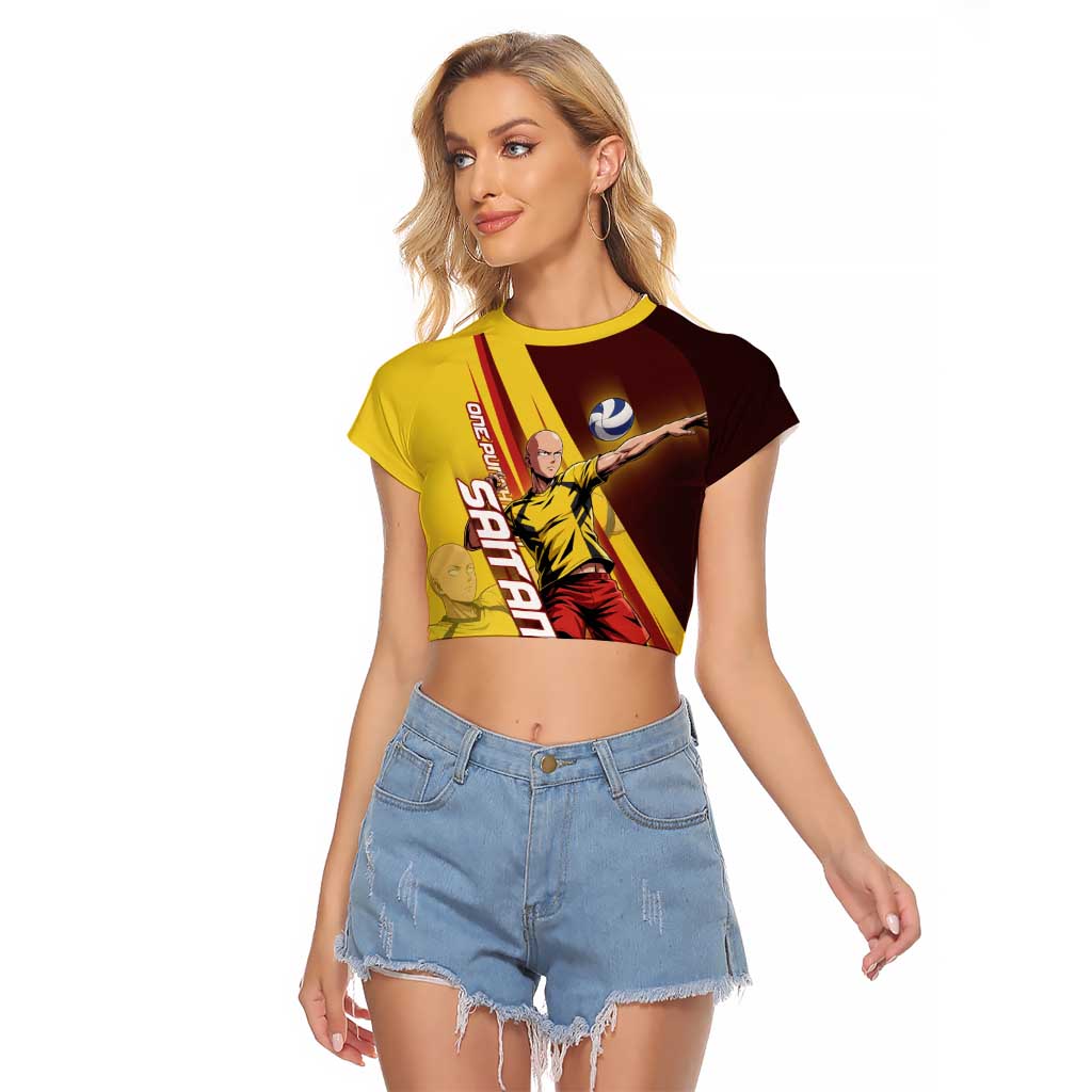 Personalized Saitama Volleyball Design Raglan Cropped T Shirt with Yellow and Red Athletic Theme and Powerful Spike Pose