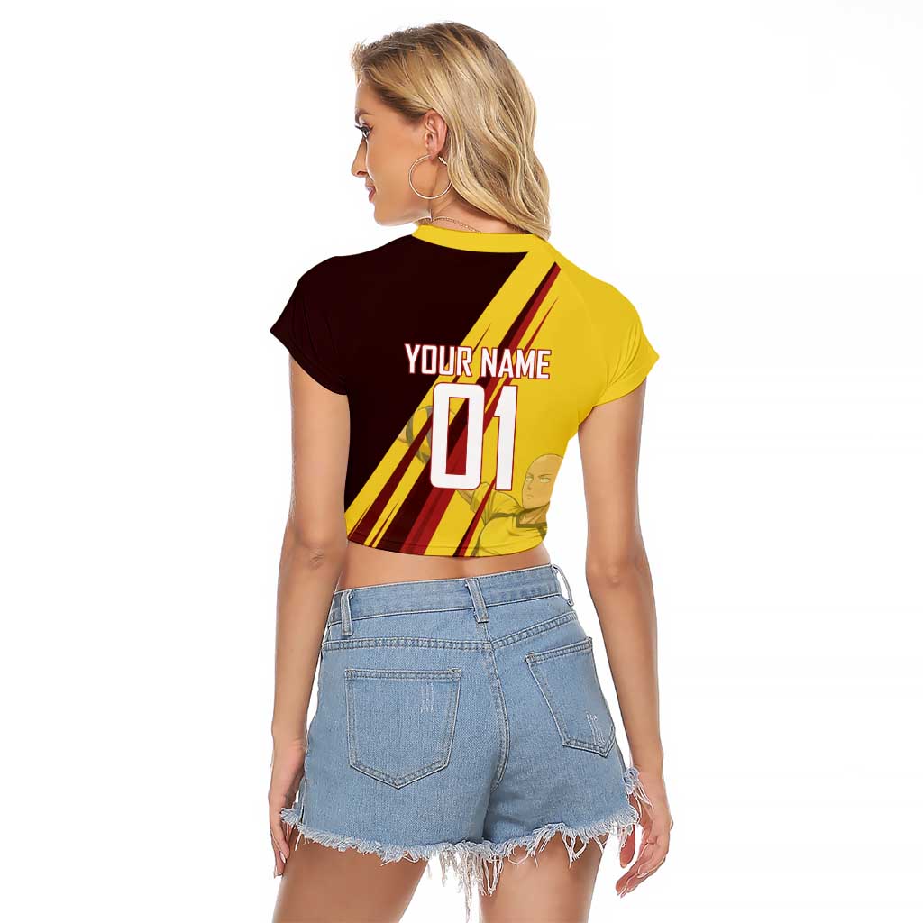 Personalized Saitama Volleyball Design Raglan Cropped T Shirt with Yellow and Red Athletic Theme and Powerful Spike Pose