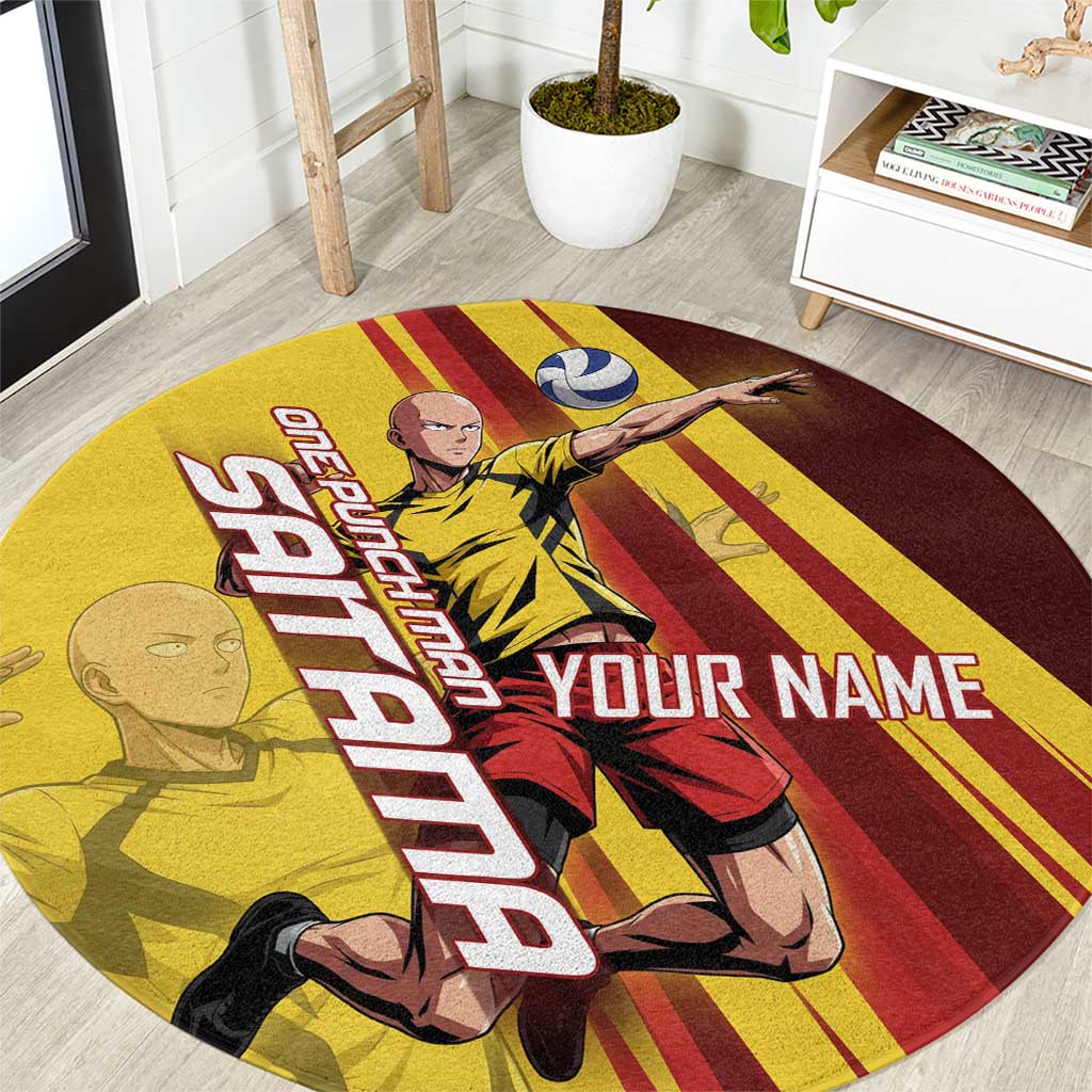 Personalized Saitama Volleyball Design Round Carpet with Yellow and Red Athletic Theme and Powerful Spike Pose