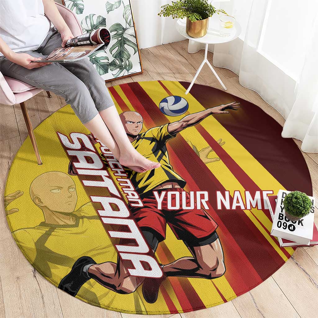 Personalized Saitama Volleyball Design Round Carpet with Yellow and Red Athletic Theme and Powerful Spike Pose