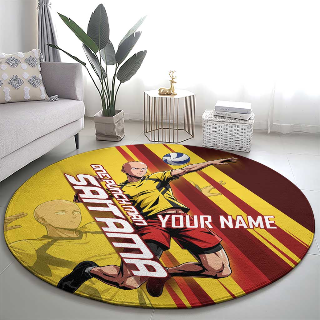 Personalized Saitama Volleyball Design Round Carpet with Yellow and Red Athletic Theme and Powerful Spike Pose