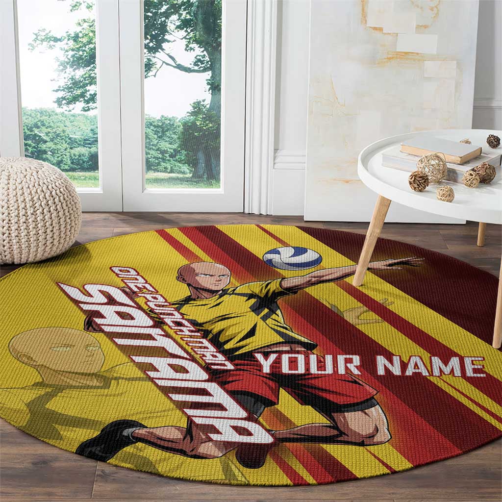 Personalized Saitama Volleyball Design Round Carpet with Yellow and Red Athletic Theme and Powerful Spike Pose