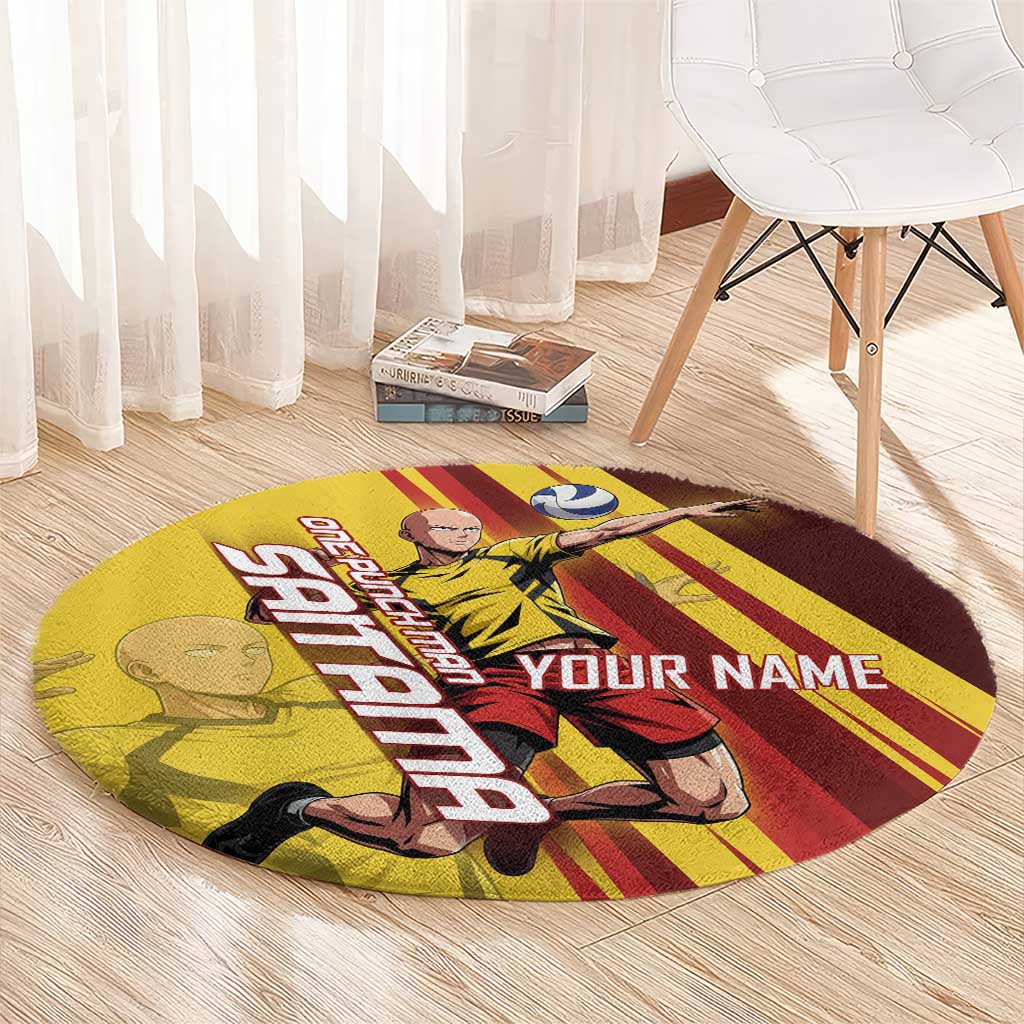 Personalized Saitama Volleyball Design Round Carpet with Yellow and Red Athletic Theme and Powerful Spike Pose