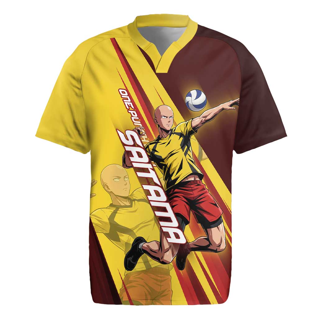 Personalized Saitama Volleyball Design Rugby Jersey with Yellow and Red Athletic Theme and Powerful Spike Pose