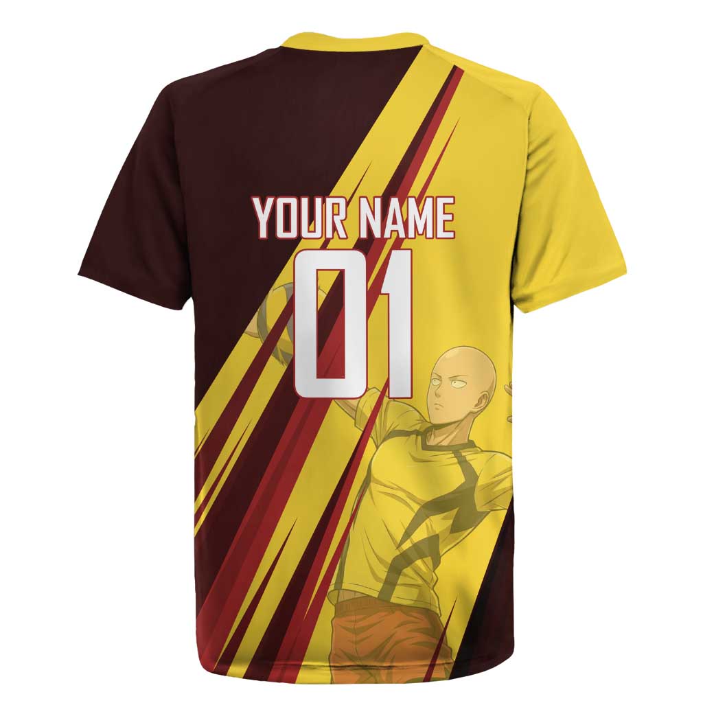 Personalized Saitama Volleyball Design Rugby Jersey with Yellow and Red Athletic Theme and Powerful Spike Pose