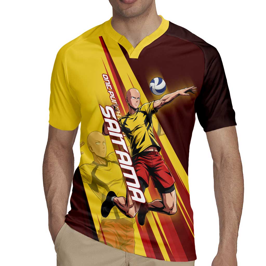 Personalized Saitama Volleyball Design Rugby Jersey with Yellow and Red Athletic Theme and Powerful Spike Pose