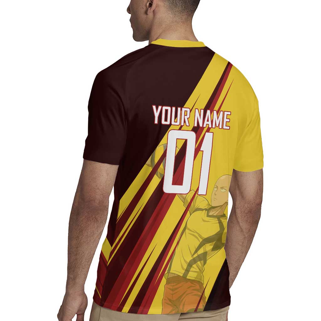 Personalized Saitama Volleyball Design Rugby Jersey with Yellow and Red Athletic Theme and Powerful Spike Pose