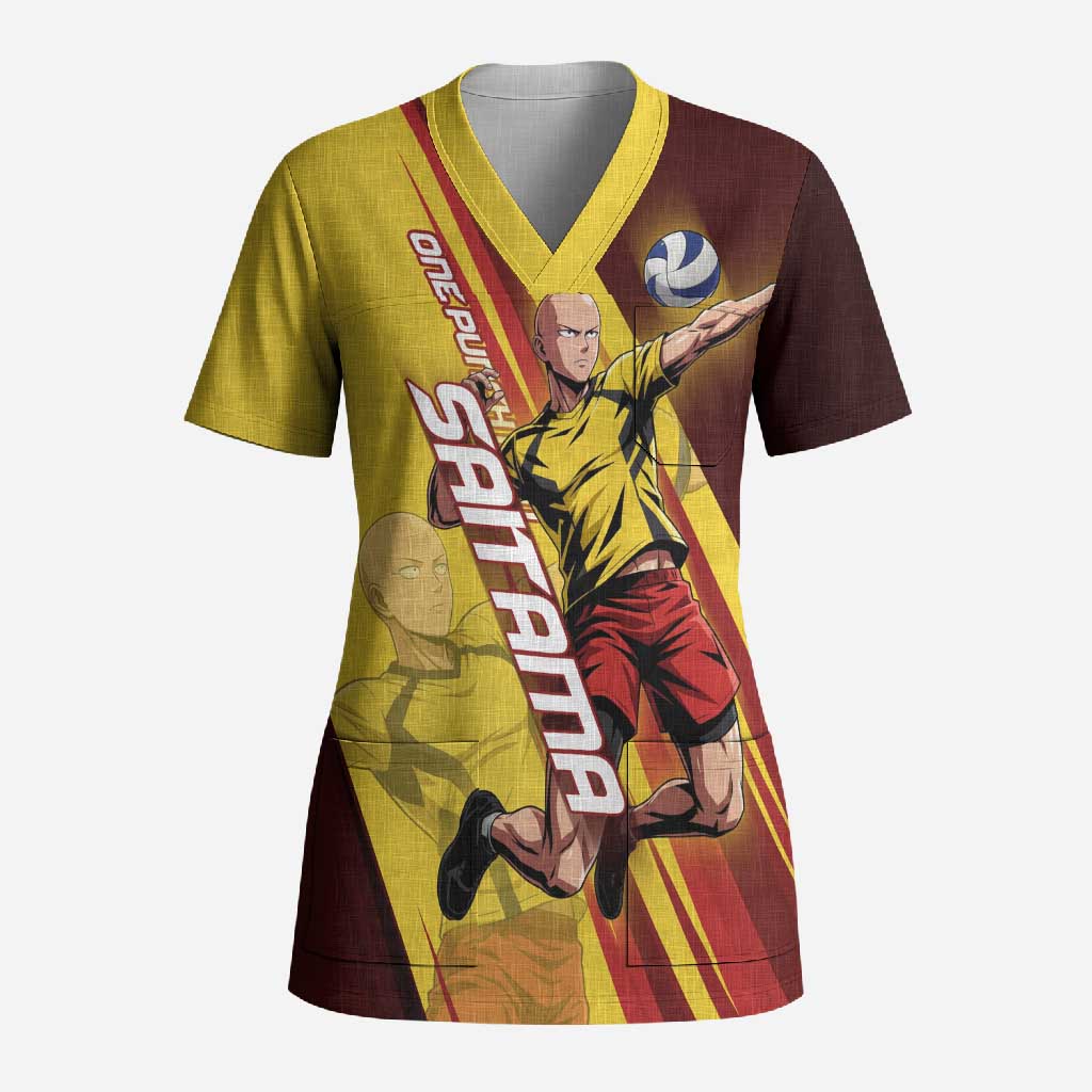 Personalized Saitama Volleyball Design Scrub Top with Yellow and Red Athletic Theme and Powerful Spike Pose
