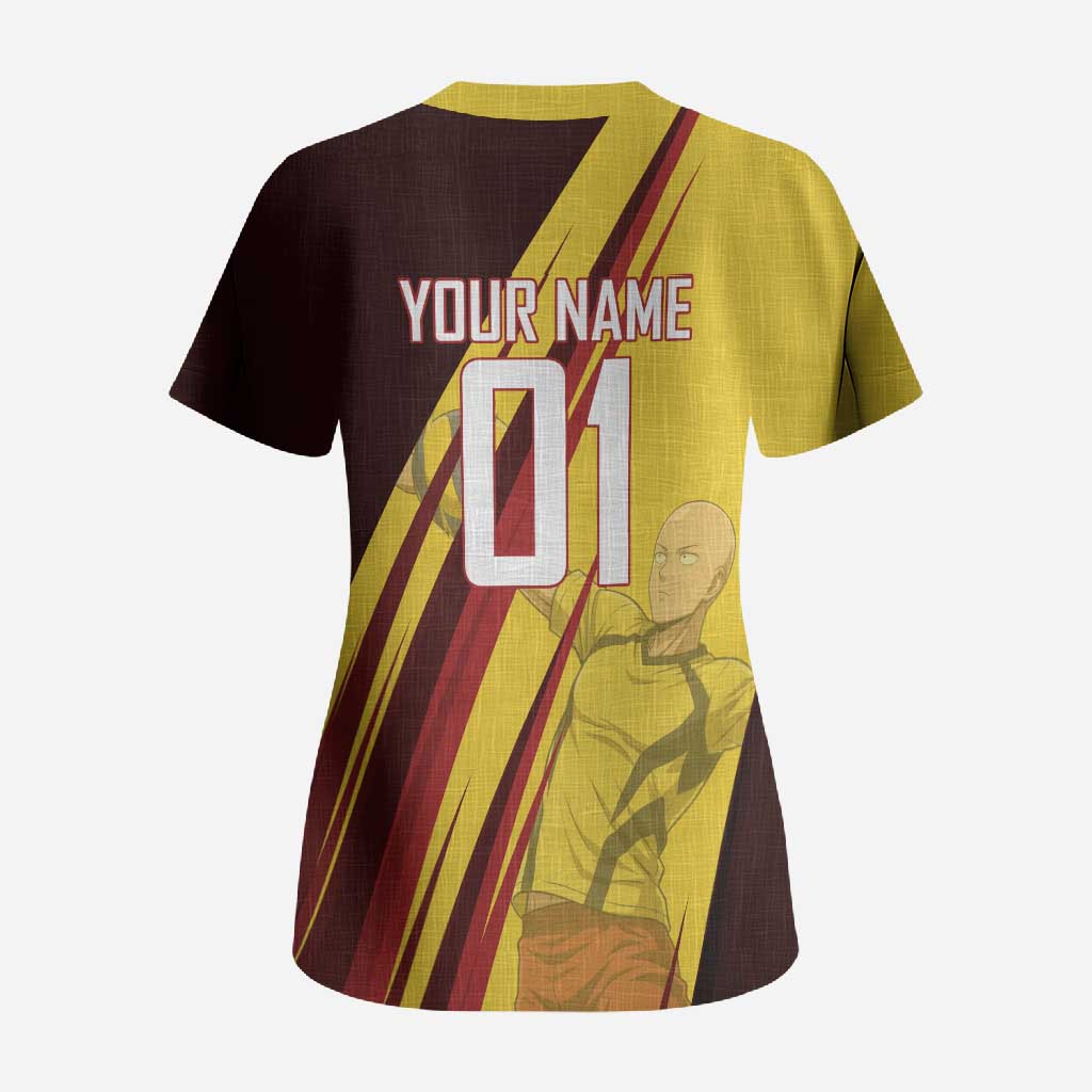 Personalized Saitama Volleyball Design Scrub Top with Yellow and Red Athletic Theme and Powerful Spike Pose