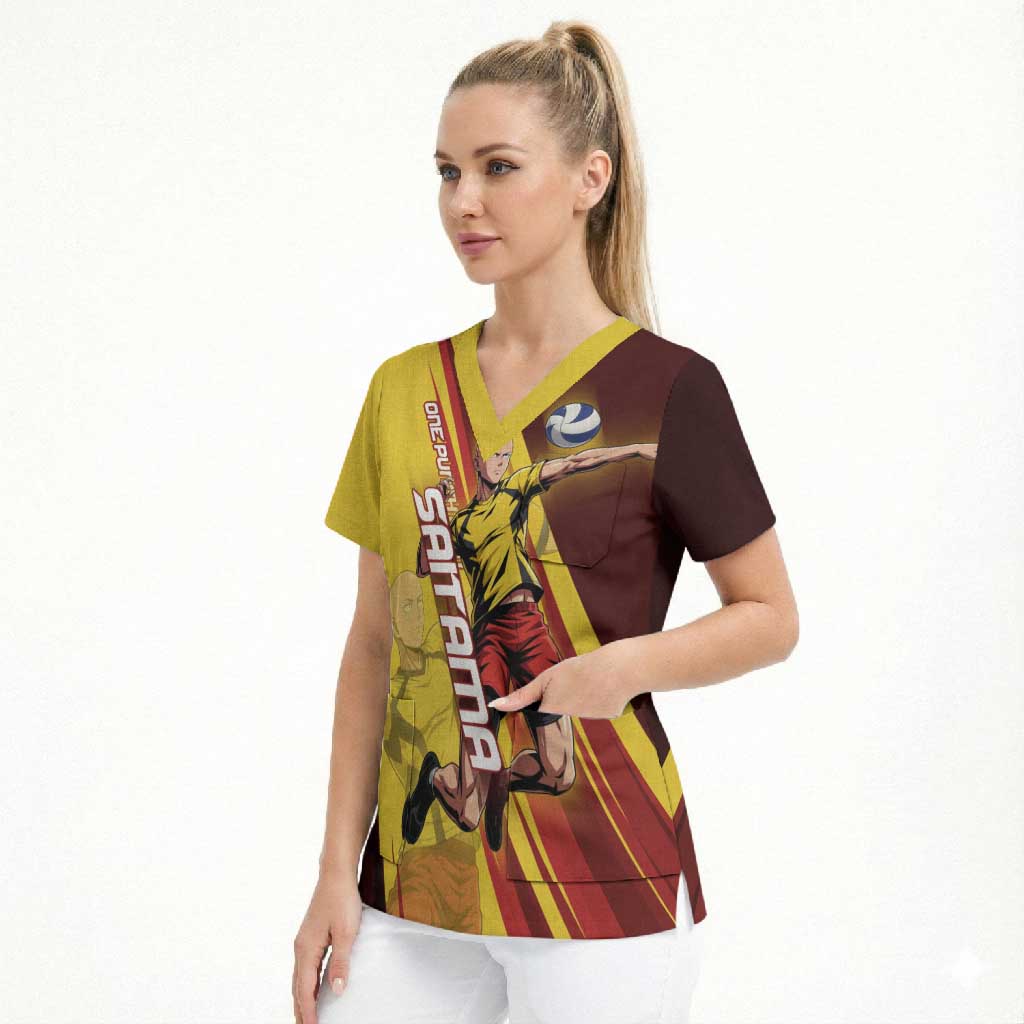 Personalized Saitama Volleyball Design Scrub Top with Yellow and Red Athletic Theme and Powerful Spike Pose