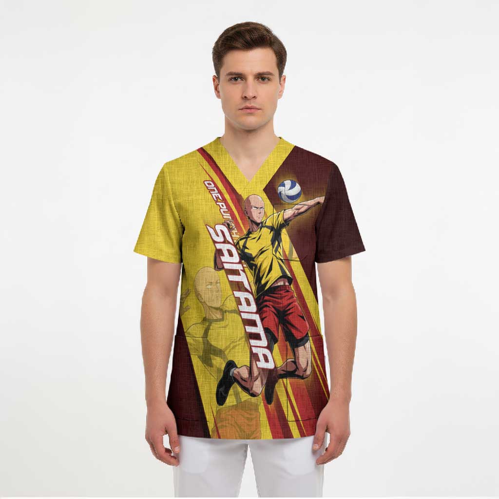 Personalized Saitama Volleyball Design Scrub Top with Yellow and Red Athletic Theme and Powerful Spike Pose