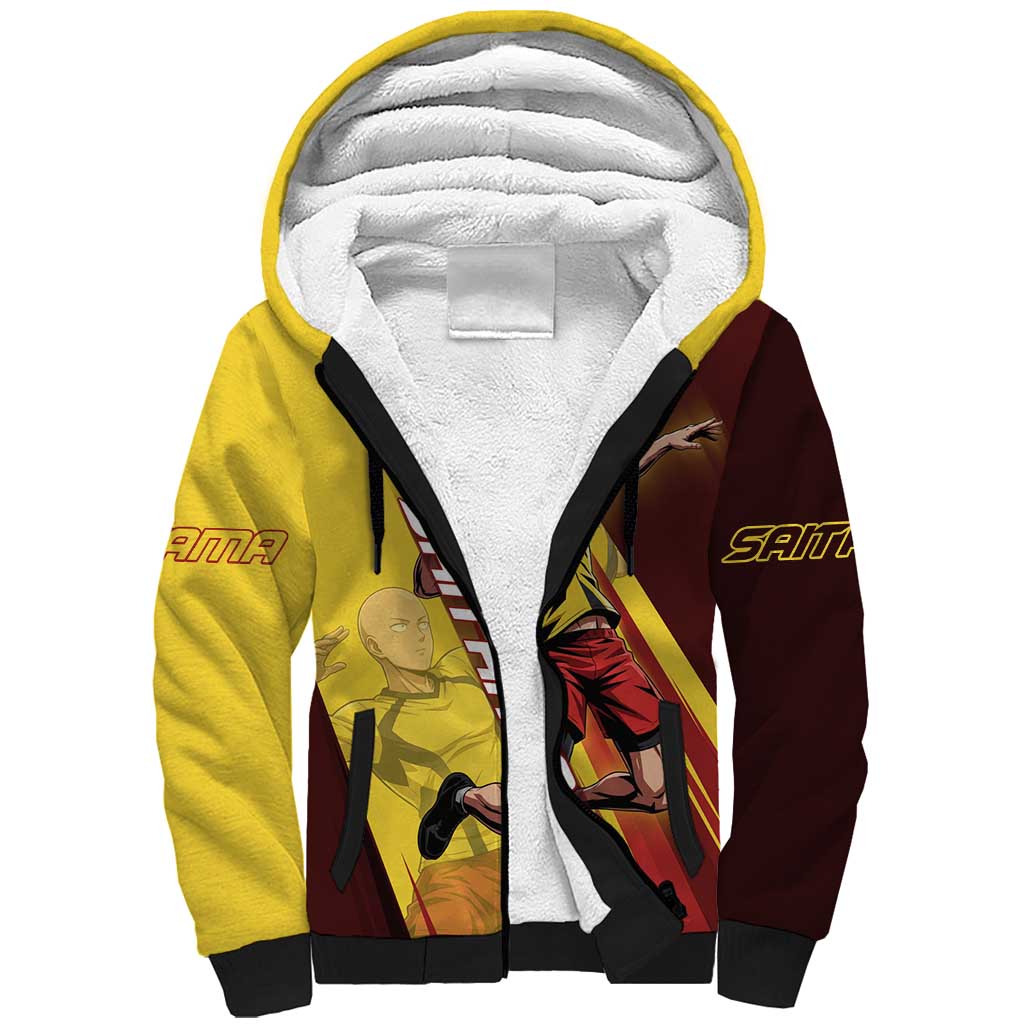 Personalized Saitama Volleyball Design Sherpa Hoodie with Yellow and Red Athletic Theme and Powerful Spike Pose