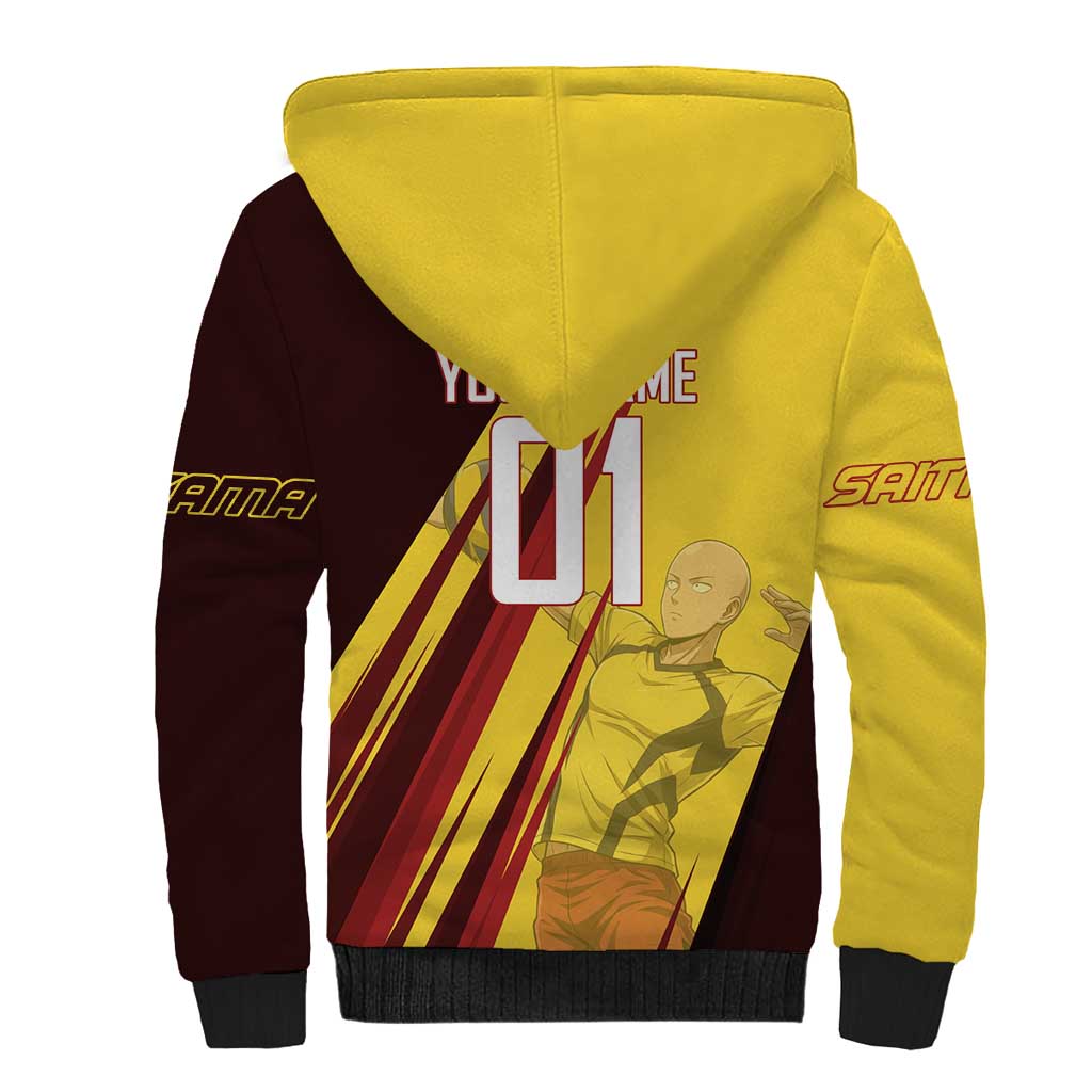 Personalized Saitama Volleyball Design Sherpa Hoodie with Yellow and Red Athletic Theme and Powerful Spike Pose
