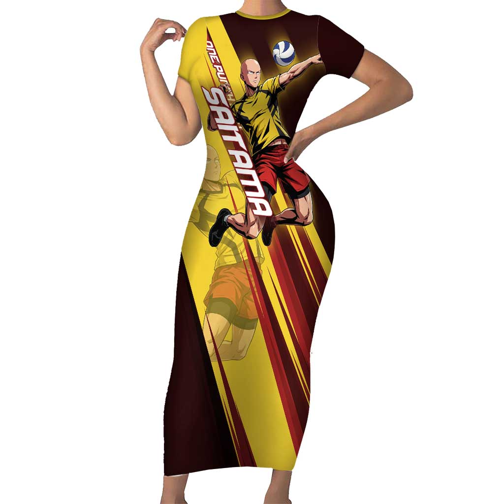 Personalized Saitama Volleyball Design Short Sleeve Bodycon Dress with Yellow and Red Athletic Theme and Powerful Spike Pose