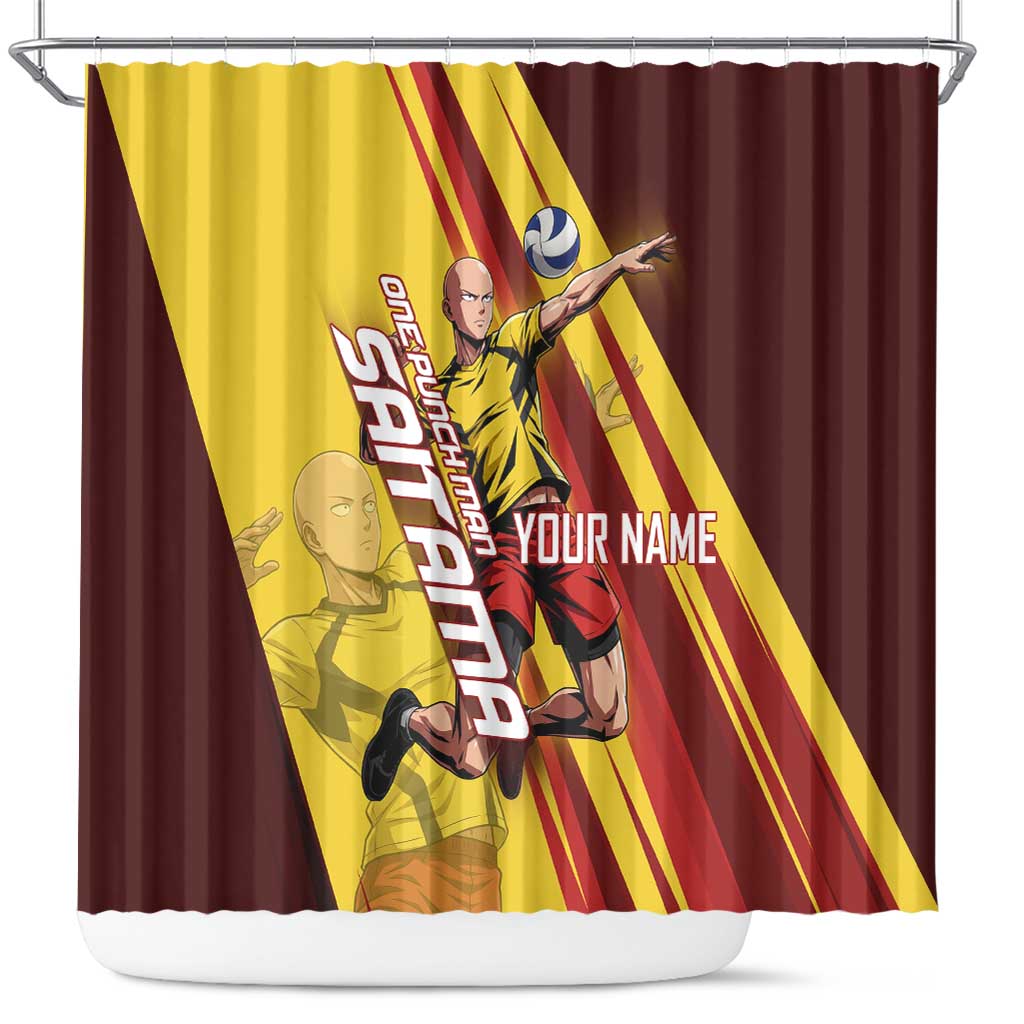 Personalized Saitama Volleyball Design Shower Curtain with Yellow and Red Athletic Theme and Powerful Spike Pose