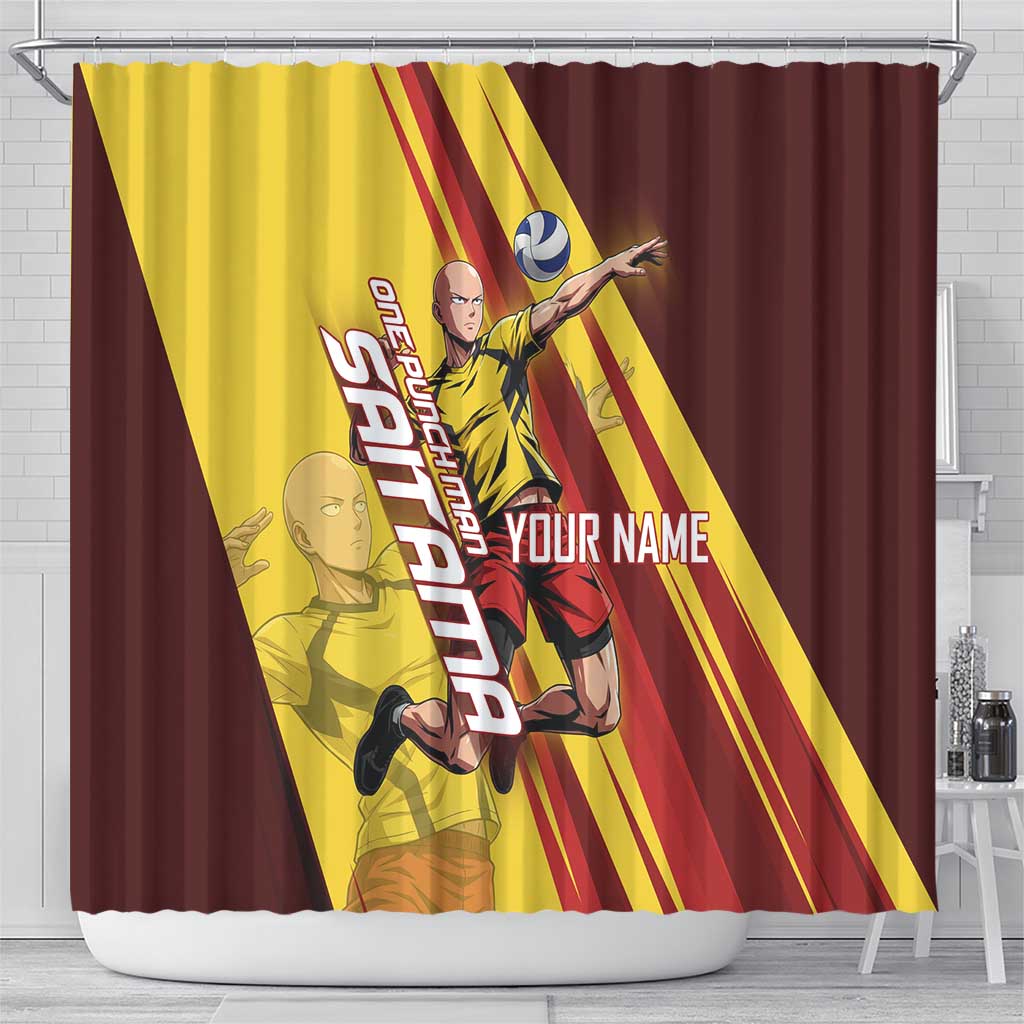 Personalized Saitama Volleyball Design Shower Curtain with Yellow and Red Athletic Theme and Powerful Spike Pose