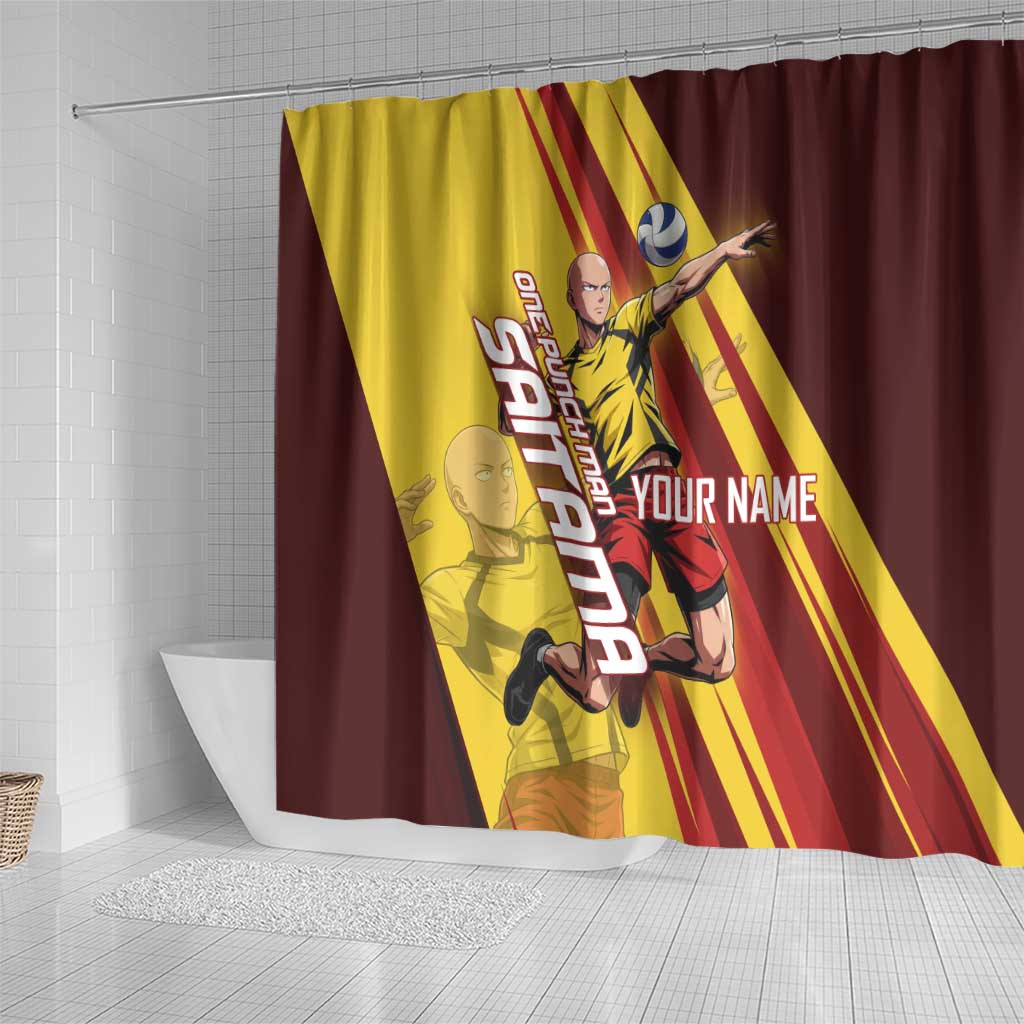 Personalized Saitama Volleyball Design Shower Curtain with Yellow and Red Athletic Theme and Powerful Spike Pose
