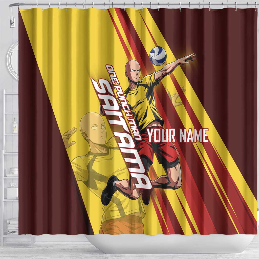 Personalized Saitama Volleyball Design Shower Curtain with Yellow and Red Athletic Theme and Powerful Spike Pose