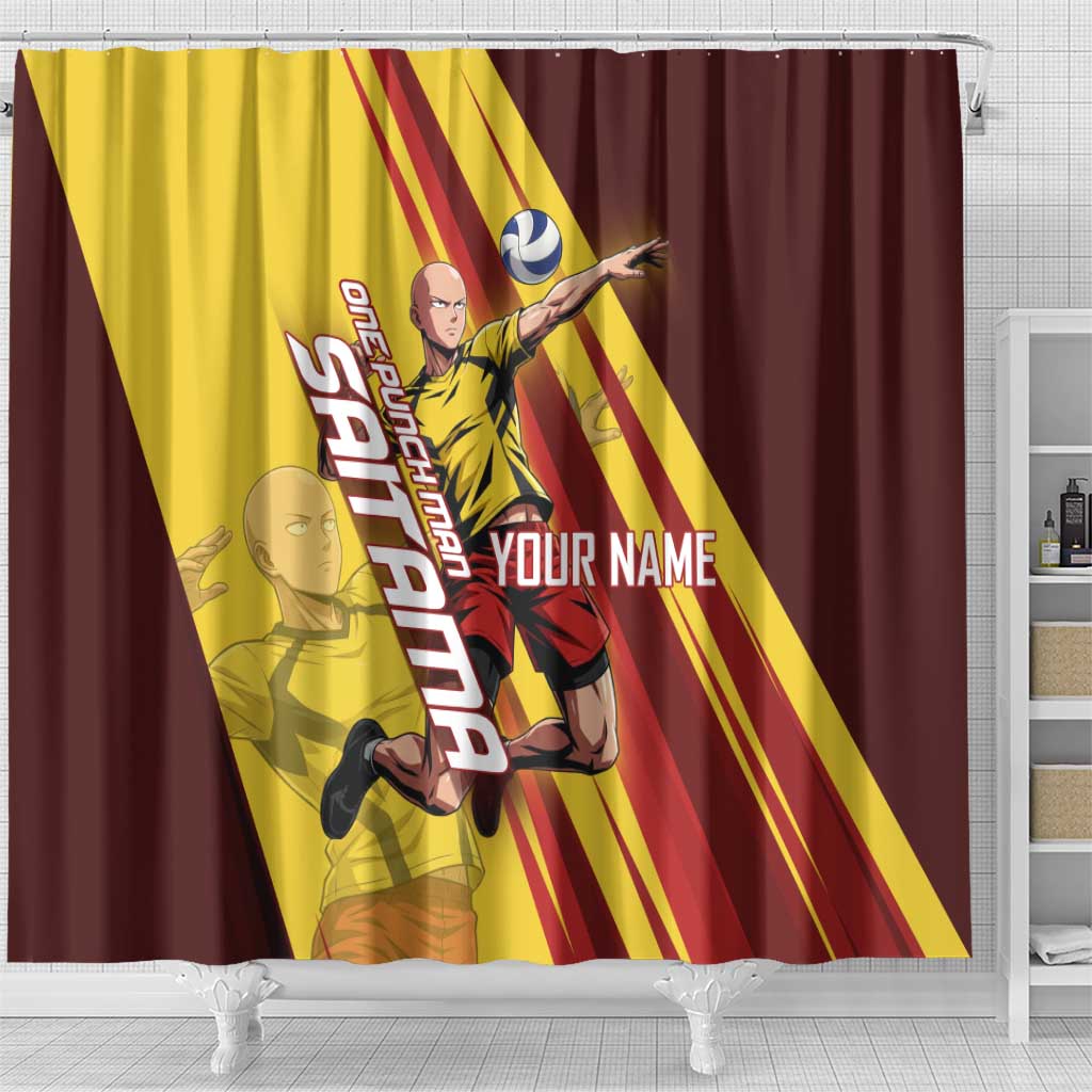 Personalized Saitama Volleyball Design Shower Curtain with Yellow and Red Athletic Theme and Powerful Spike Pose