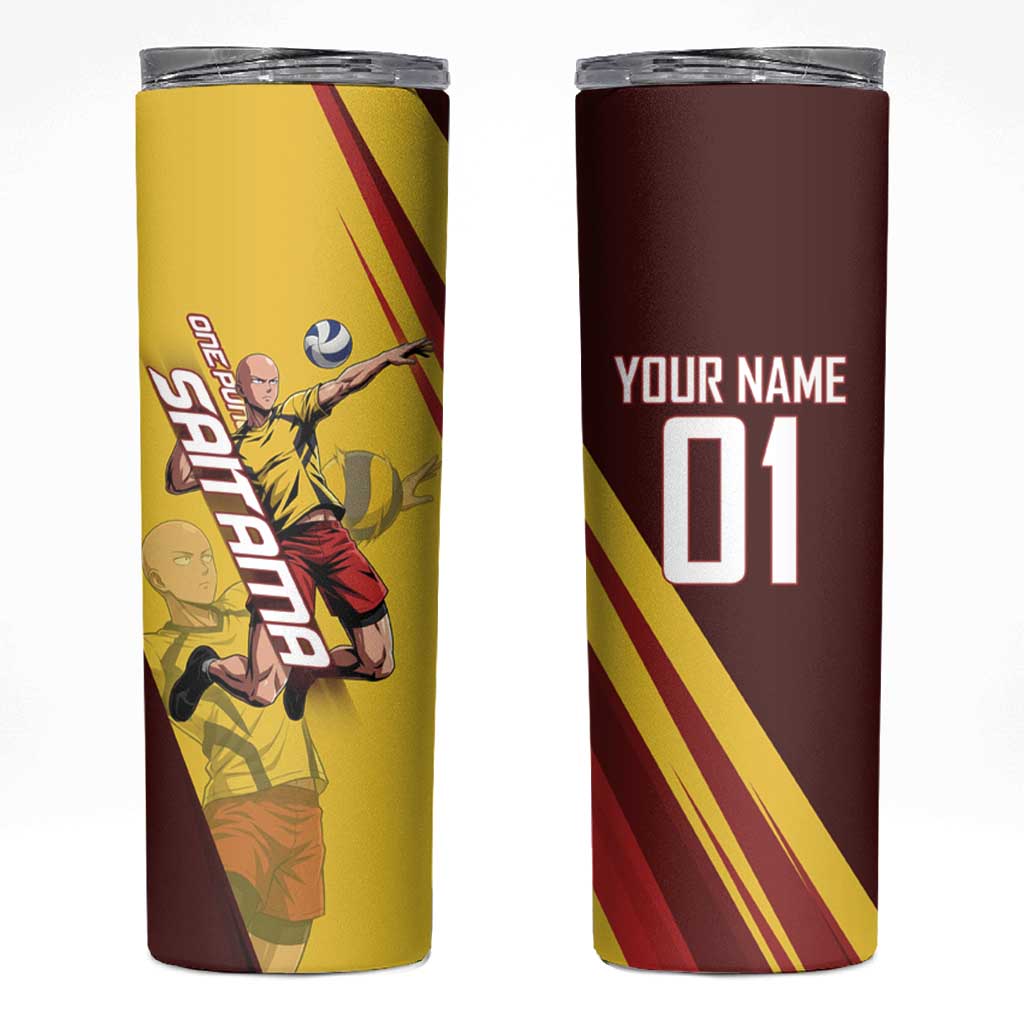 Personalized Saitama Volleyball Design Skinny Tumbler with Yellow and Red Athletic Theme and Powerful Spike Pose