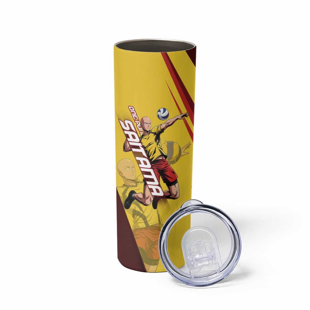 Personalized Saitama Volleyball Design Skinny Tumbler with Yellow and Red Athletic Theme and Powerful Spike Pose