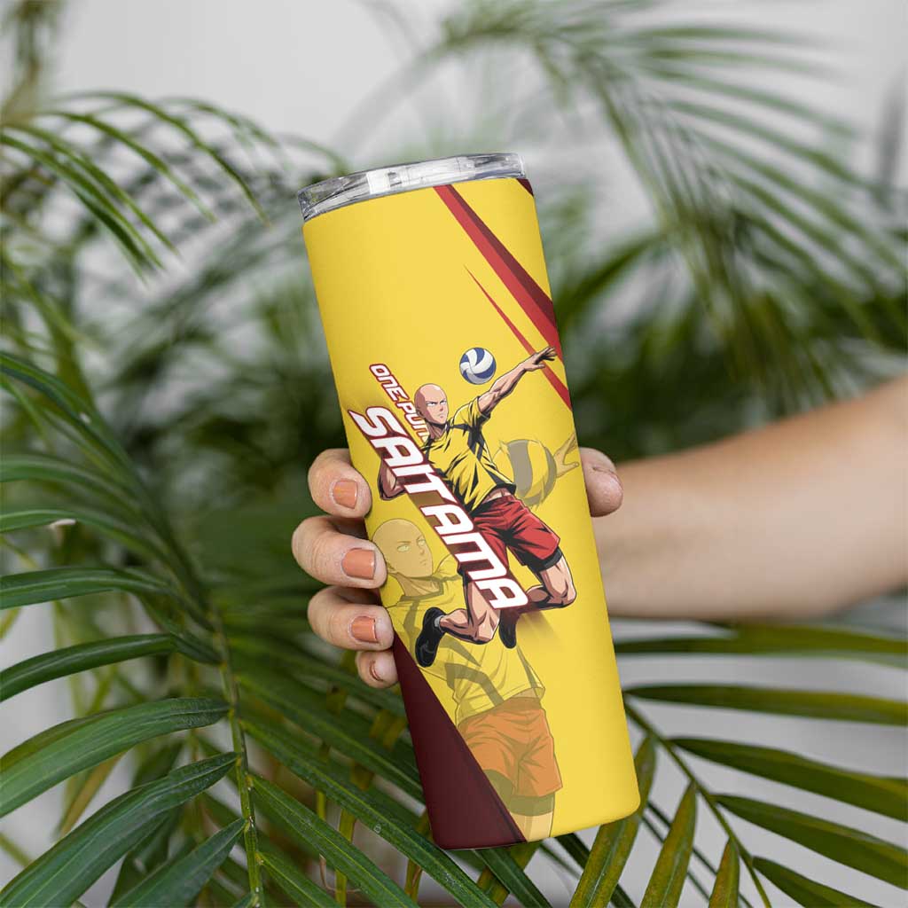 Personalized Saitama Volleyball Design Skinny Tumbler with Yellow and Red Athletic Theme and Powerful Spike Pose