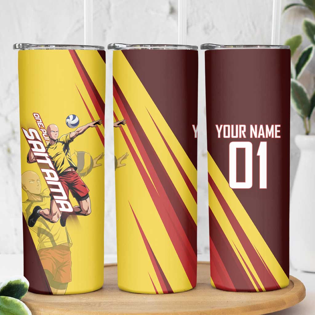 Personalized Saitama Volleyball Design Skinny Tumbler with Yellow and Red Athletic Theme and Powerful Spike Pose