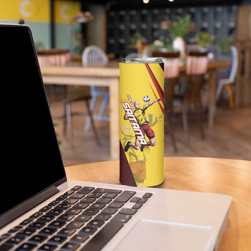 Personalized Saitama Volleyball Design Skinny Tumbler with Yellow and Red Athletic Theme and Powerful Spike Pose