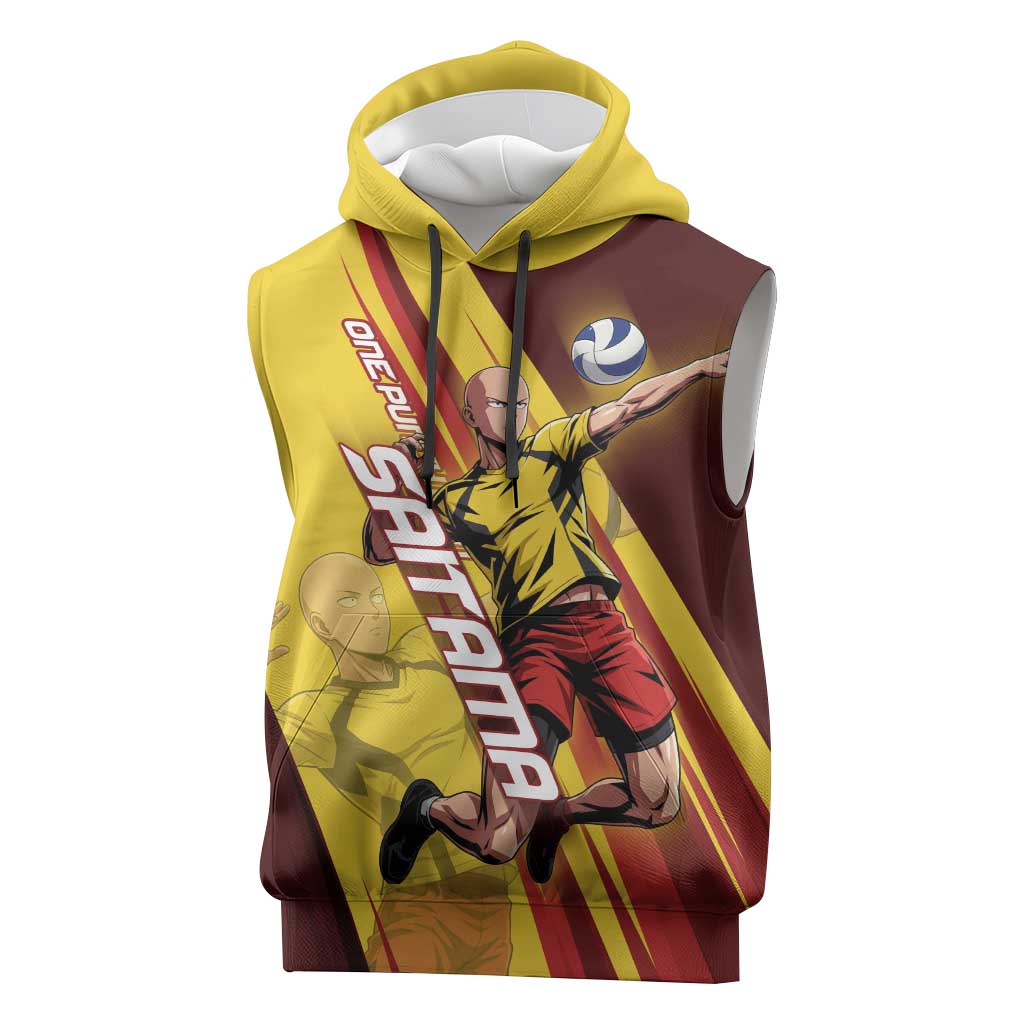 Personalized Saitama Volleyball Design Sleeveless Hoodie with Yellow and Red Athletic Theme and Powerful Spike Pose