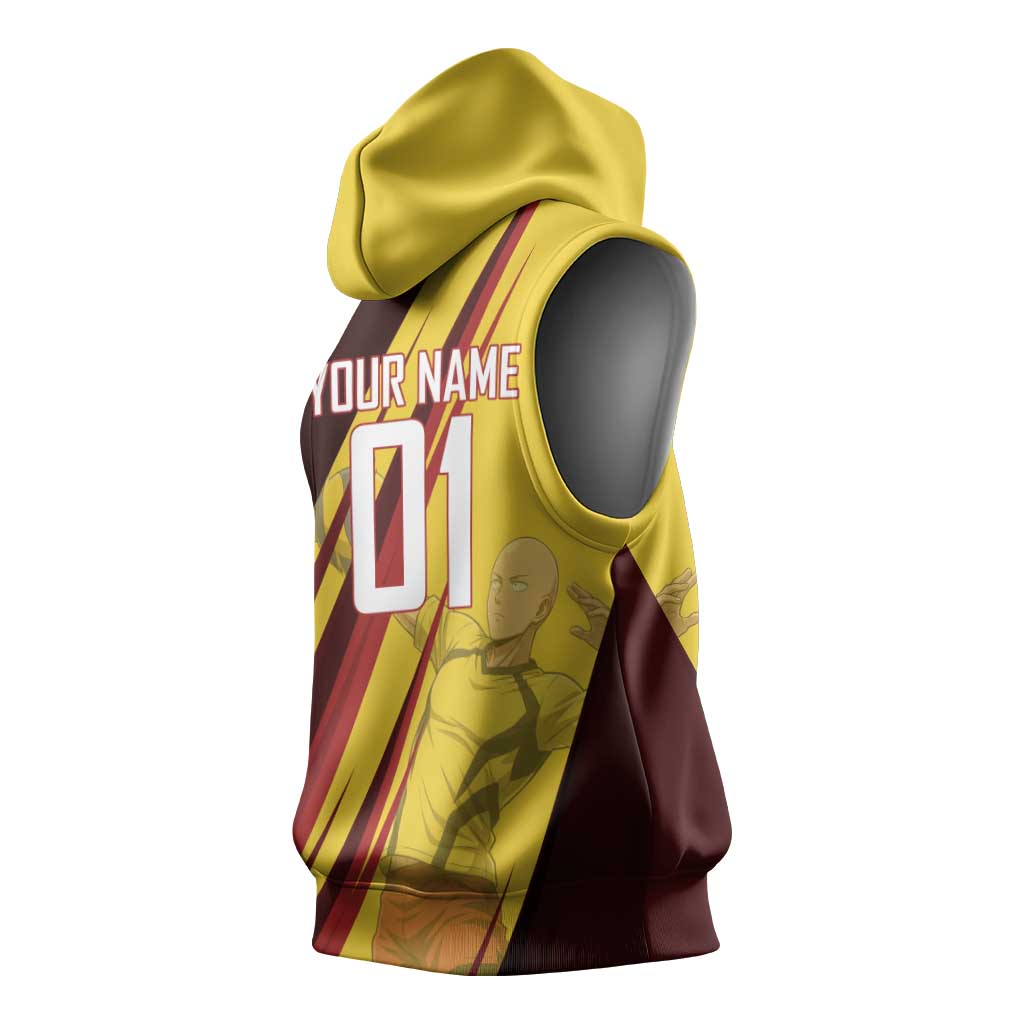 Personalized Saitama Volleyball Design Sleeveless Hoodie with Yellow and Red Athletic Theme and Powerful Spike Pose