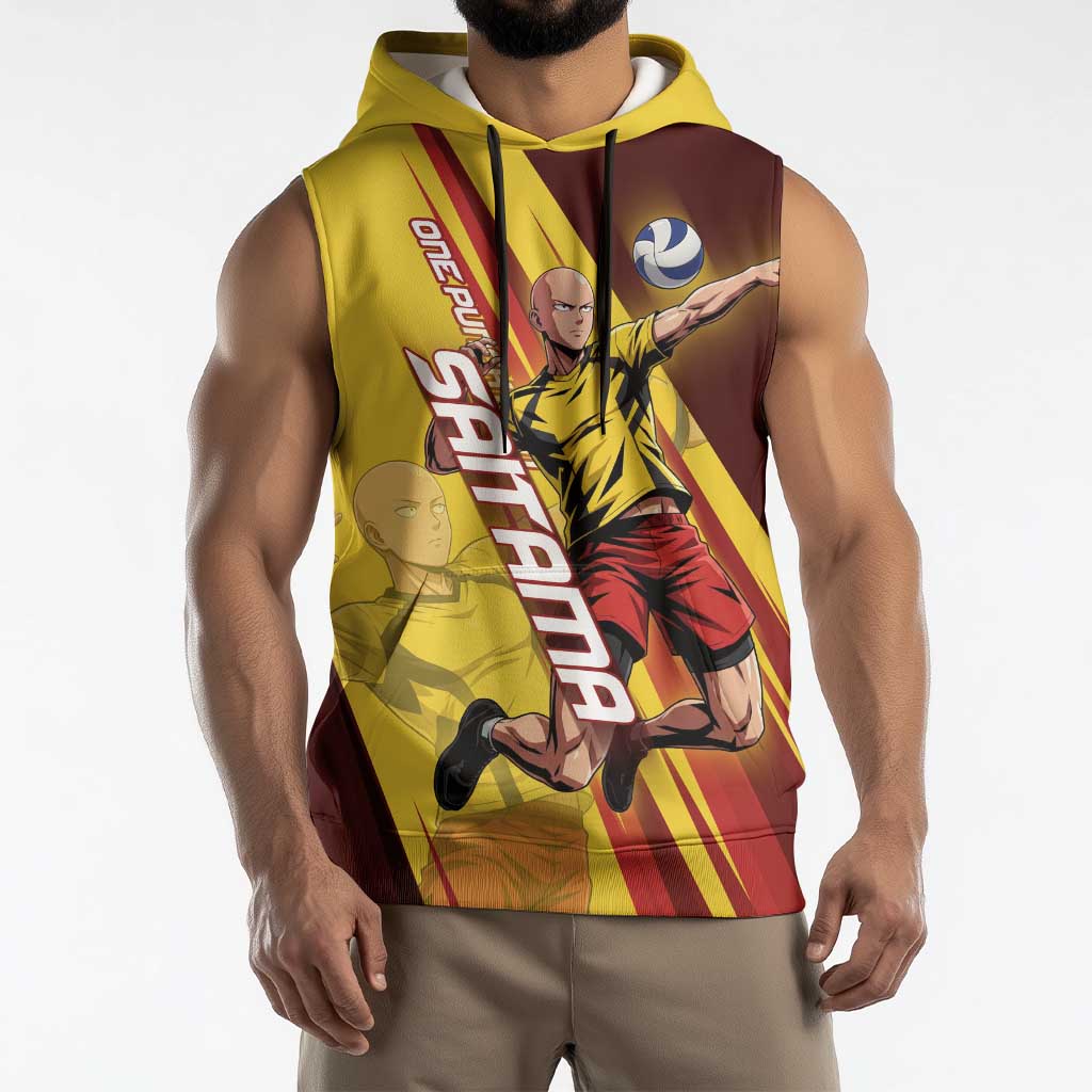 Personalized Saitama Volleyball Design Sleeveless Hoodie with Yellow and Red Athletic Theme and Powerful Spike Pose