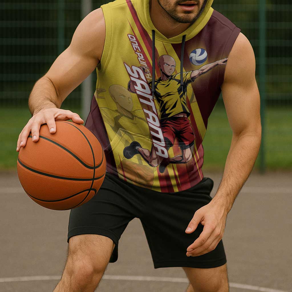 Personalized Saitama Volleyball Design Sleeveless Hoodie with Yellow and Red Athletic Theme and Powerful Spike Pose
